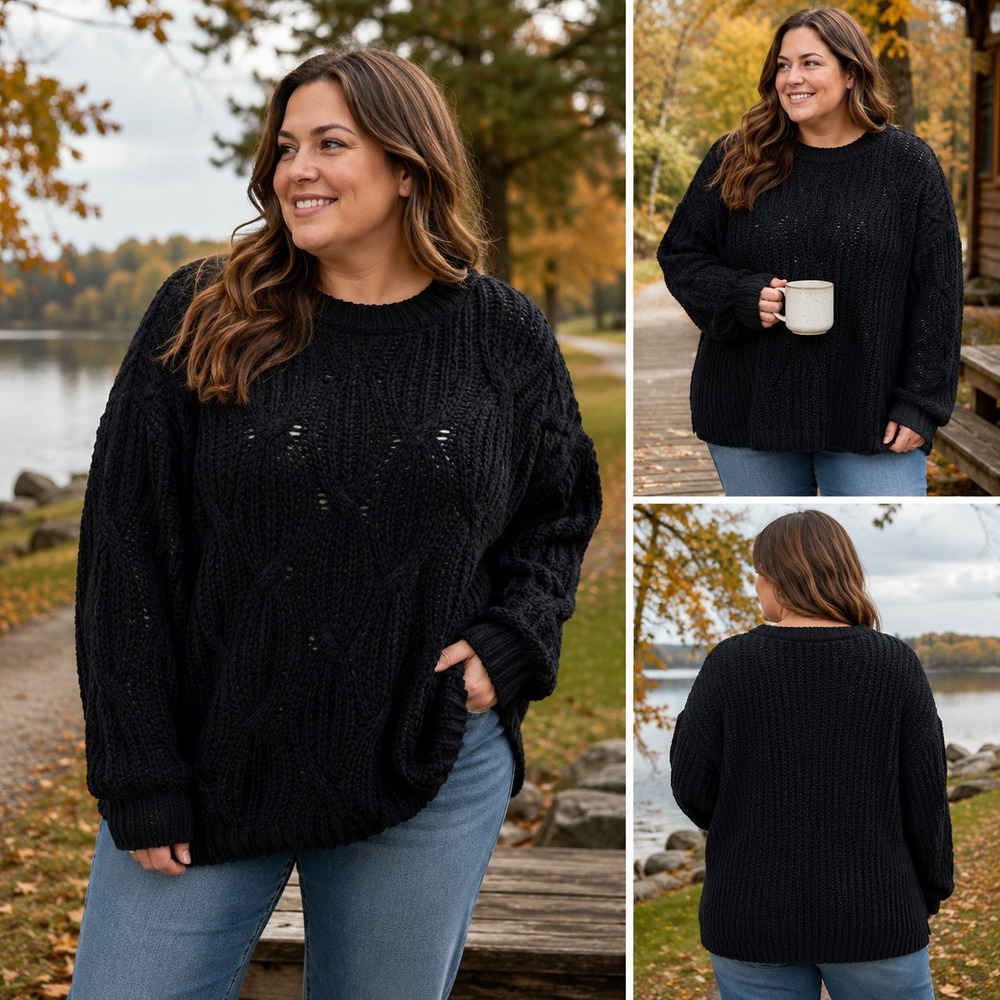 Like Love Sew in Love Chenille Sweater XL Black Crew Neck Plush Pullover NWOT